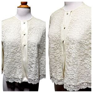 Vintage Vanity Fair White Cream Nylon Lace Bed Jacket Robe - M/L
